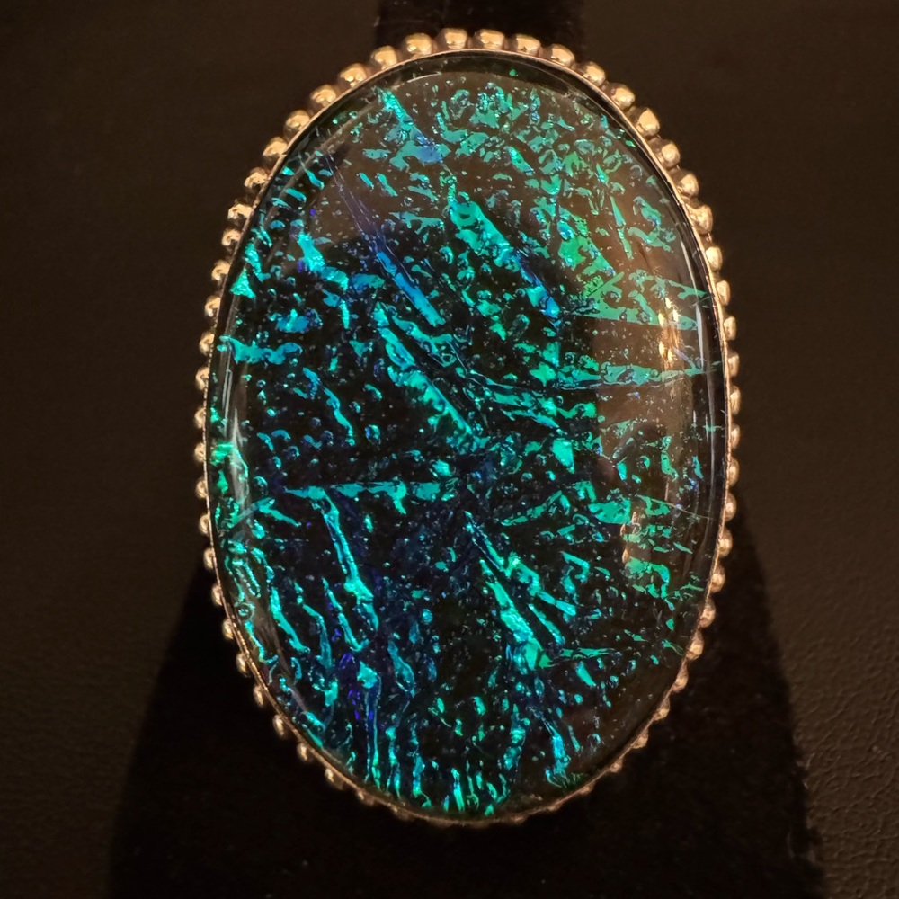 Oval Iridescent opal triplet Blue Green Ring set in Sterling silver